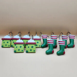 Christmas Shower Curtain Hooks Stockings Presents Set of 12